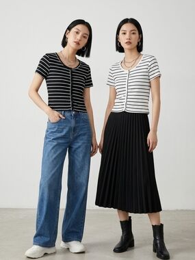 (2) Striped Short-Sleeve Button Down Tops - Black & White